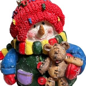 Vintage Snowman with Teddy Bear Figurine Holiday Christmas Whimsical Collectible
